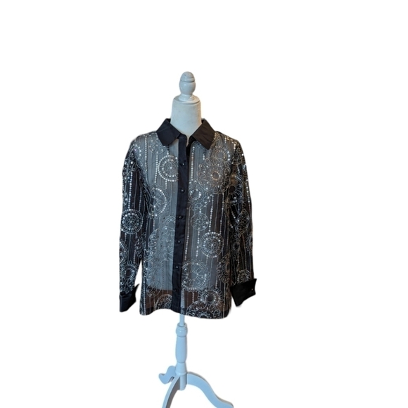 Bob Mackie black sheer witchy whimsigoth oversized silver sequins shirt sz M - Picture 7 of 10